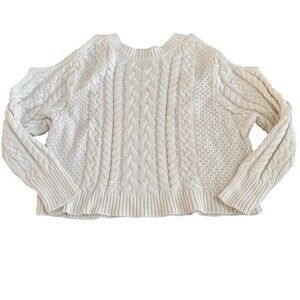 Aerie Ivory Cable Knit Cutout Shoulder Cropped Sweater Size Large